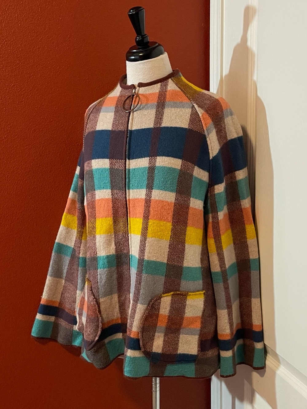 Siyu Women’s Anthropologie Plaid Merino Wool Big Loop Full Zip Colorblock Jacket